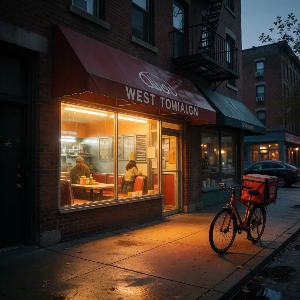 A West Town Chicago street at dusk with warm light from diner windows