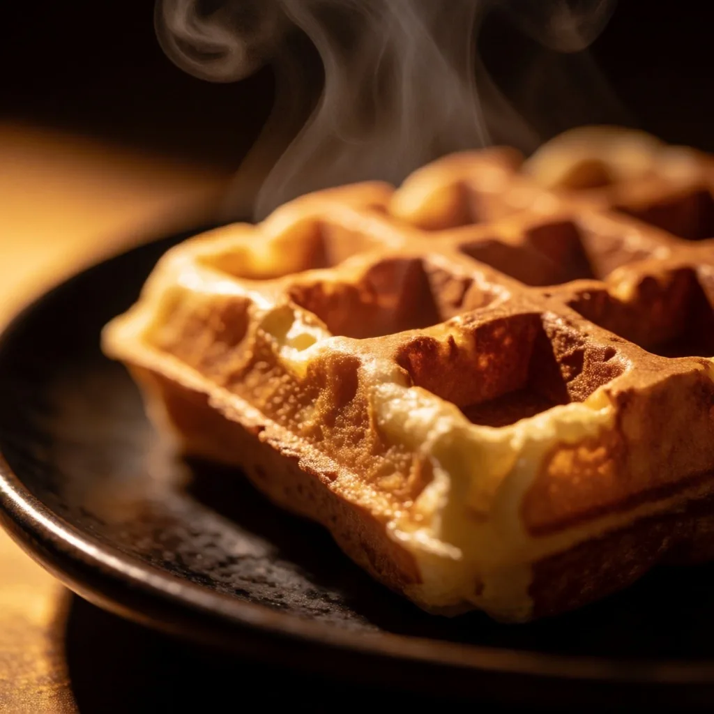 Macro detail of a golden waffle under warm amber light