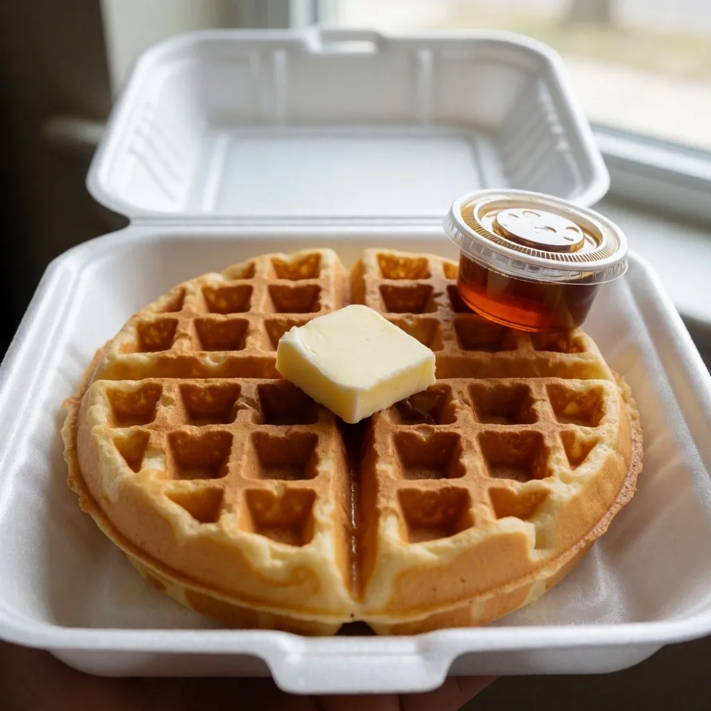 Delivered Waffle House waffle with butter and syrup