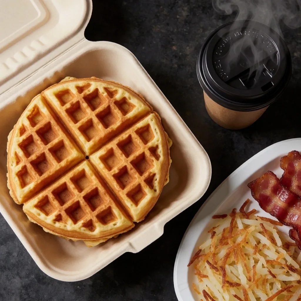 Freshly delivered Waffle House breakfast spread on a dark surface