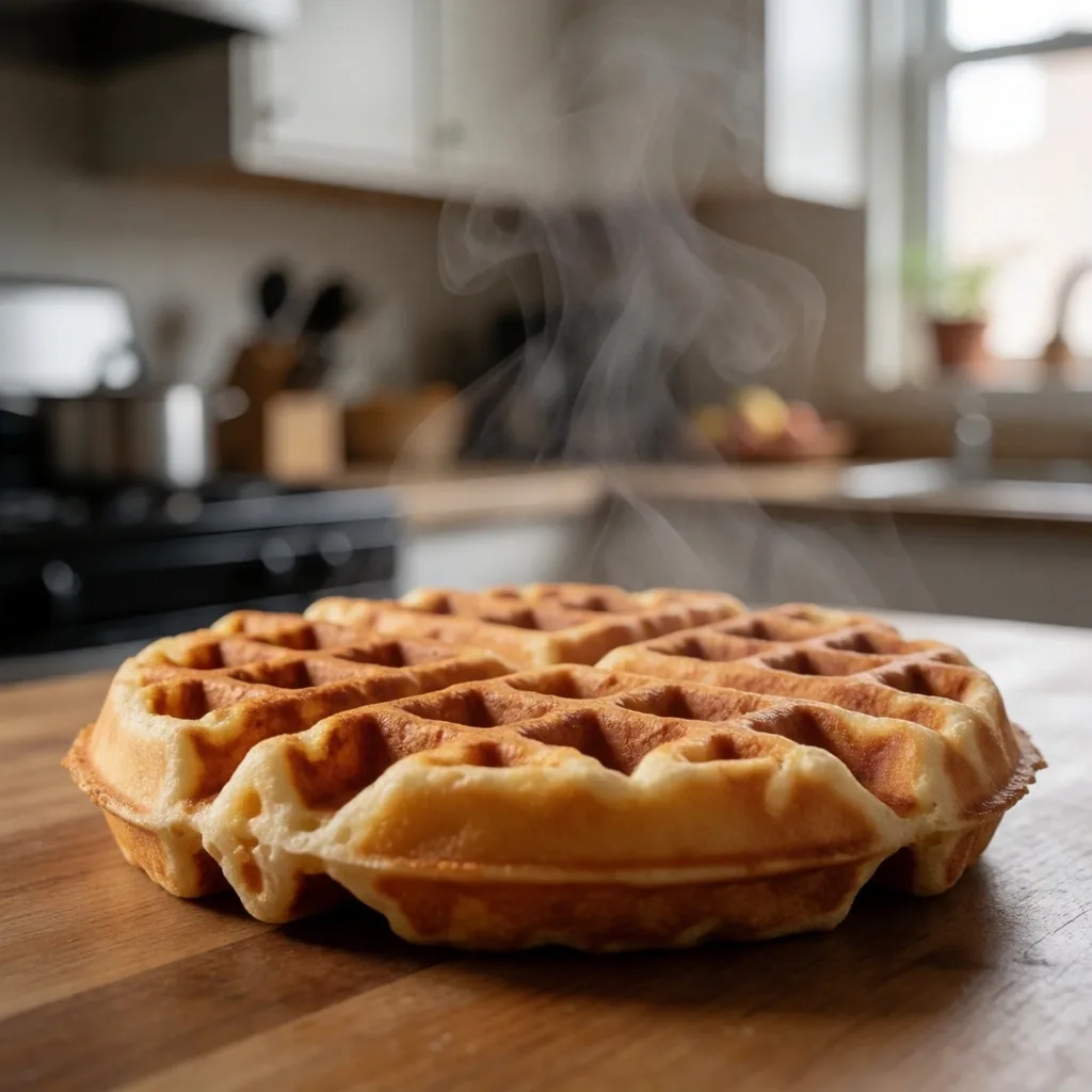 Toaster-oven reheated waffle looking golden and crisp