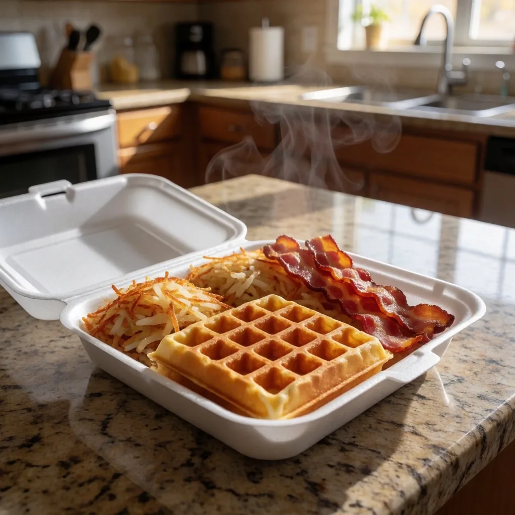 Waffle House breakfast delivery opened on a kitchen counter