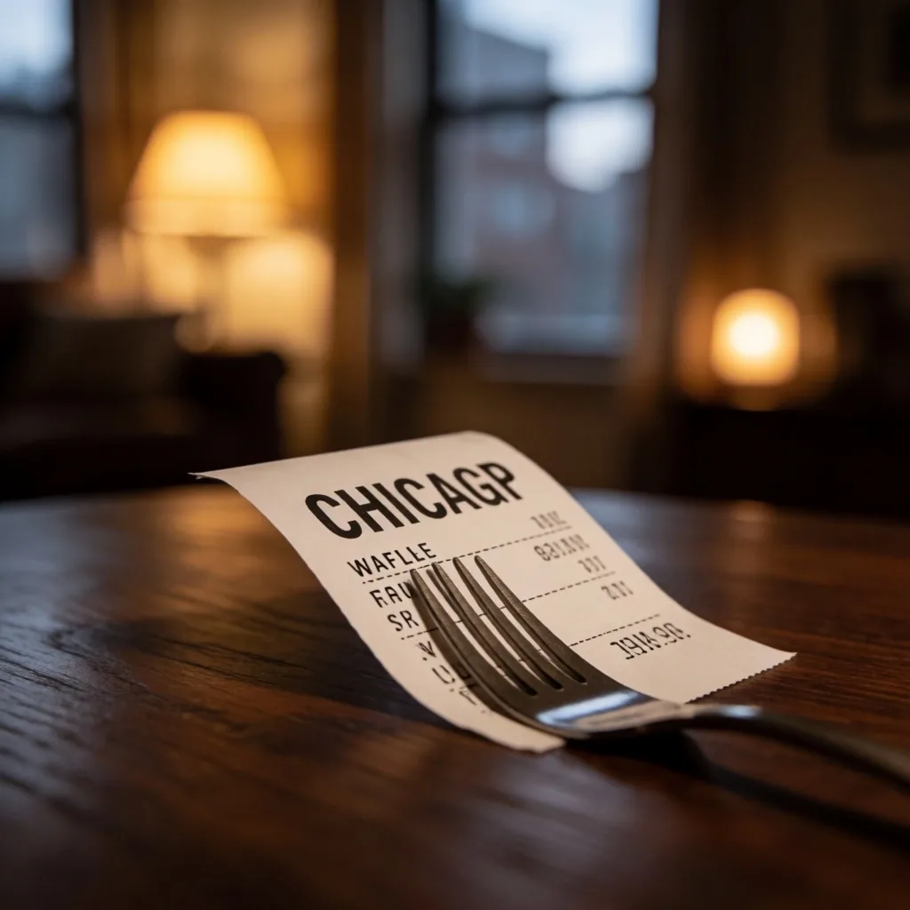 Food delivery receipt on a dark table under warm light