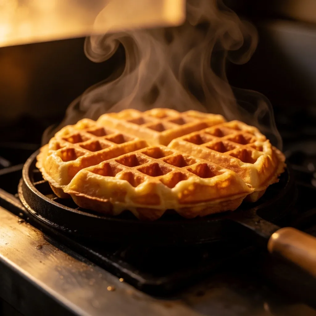Golden waffle on a dark griddle, steam rising under warm light