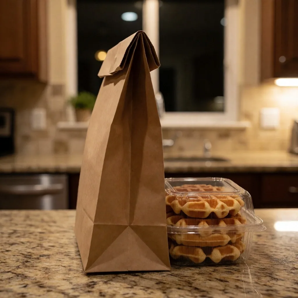 Open delivery bag on a kitchen counter at night