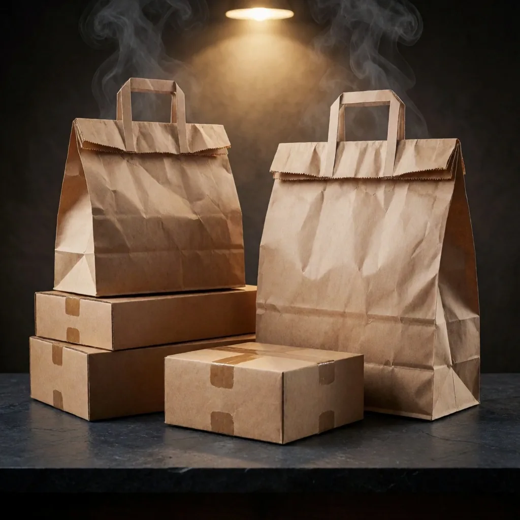 Stack of delivery boxes and bags on dark surface