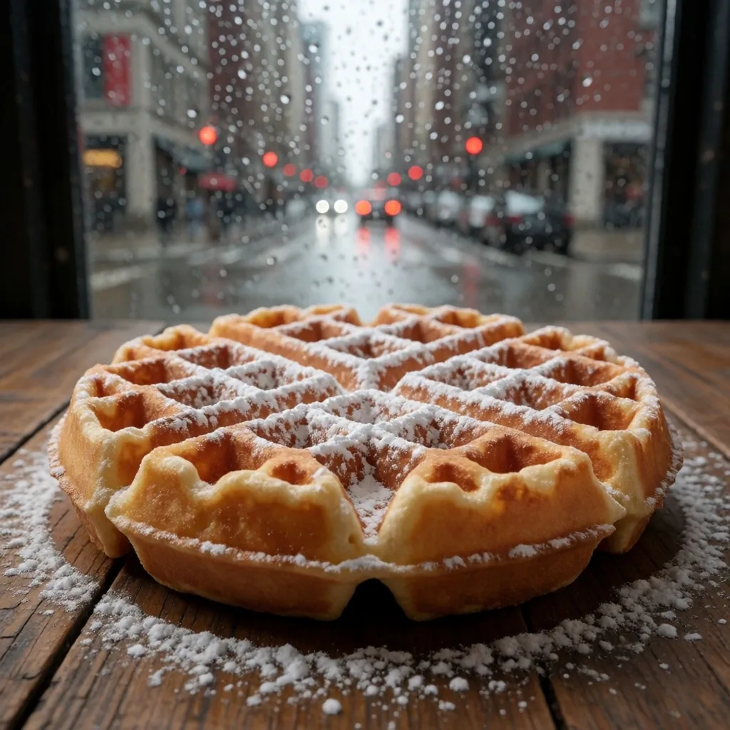 Fresh waffle on a diner plate under warm amber light