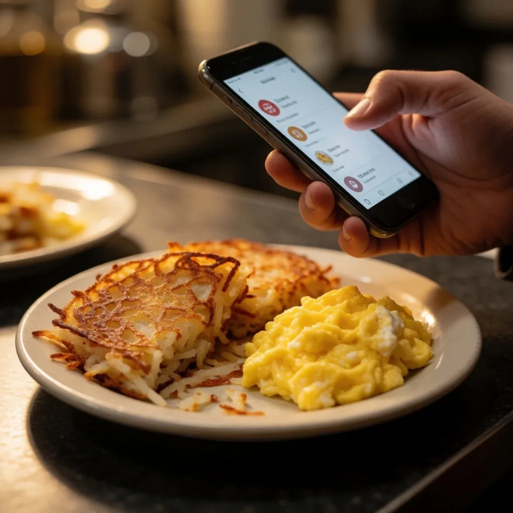 Phone showing delivery special instructions next to a breakfast plate