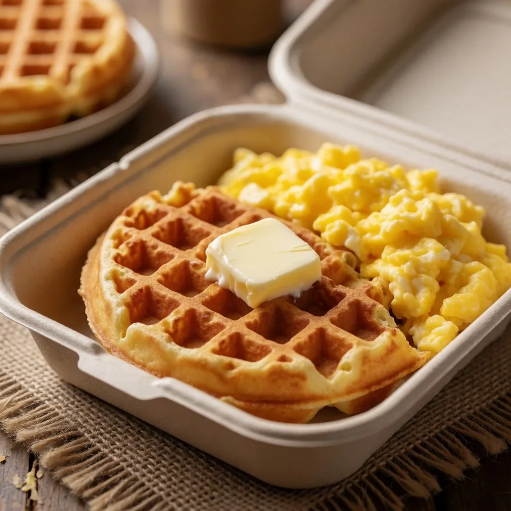 A takeout breakfast container photographed on a table