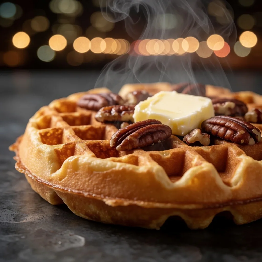 A freshly made waffle photographed under warm night-market lighting