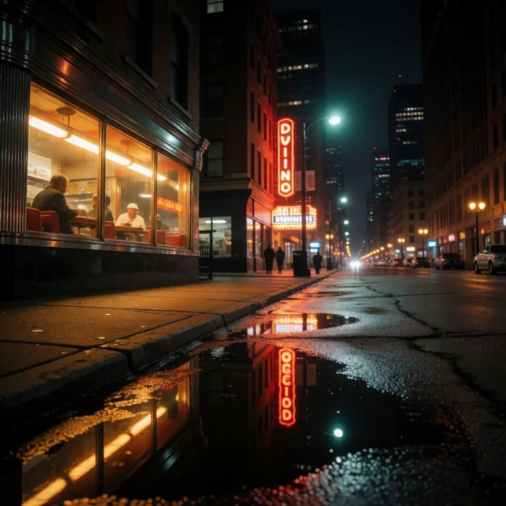 Night street view on Division Street in Chicago with warm light from a diner