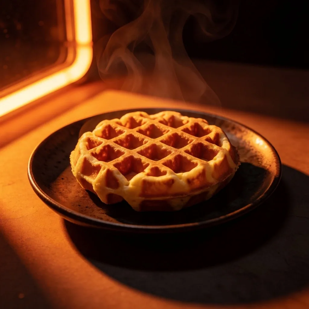 A single golden waffle on a dark plate under warm neon light